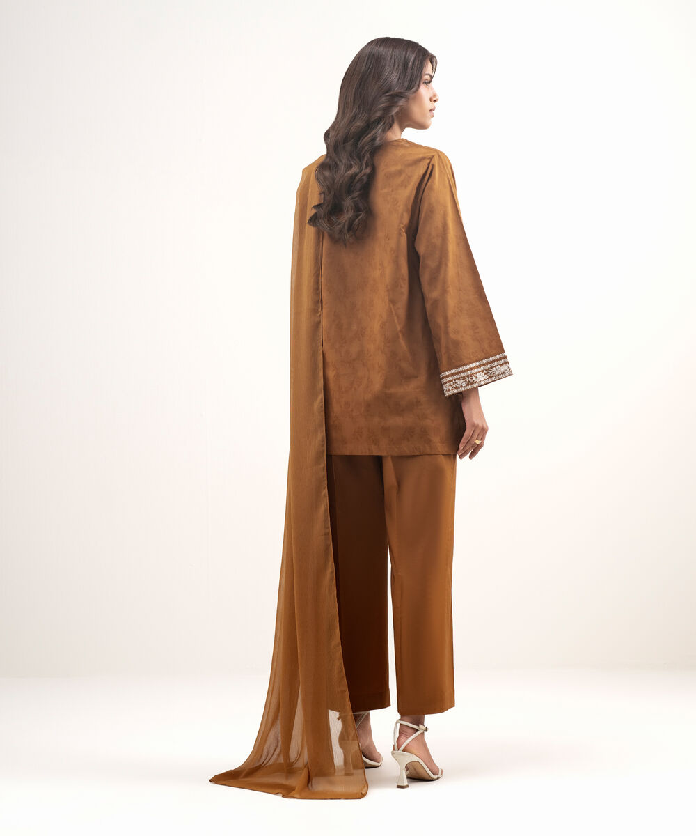 Women's RTW Self Jacquard Embroidered Brown 3 Piece Suit