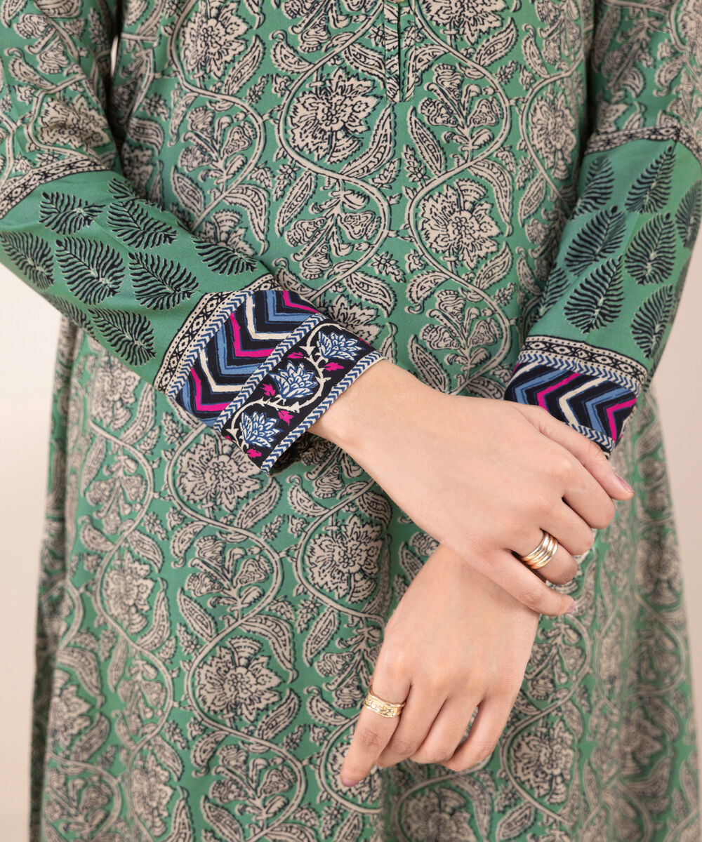 Women's RTW Arabic Lawn Green Printed A-Line Shirt