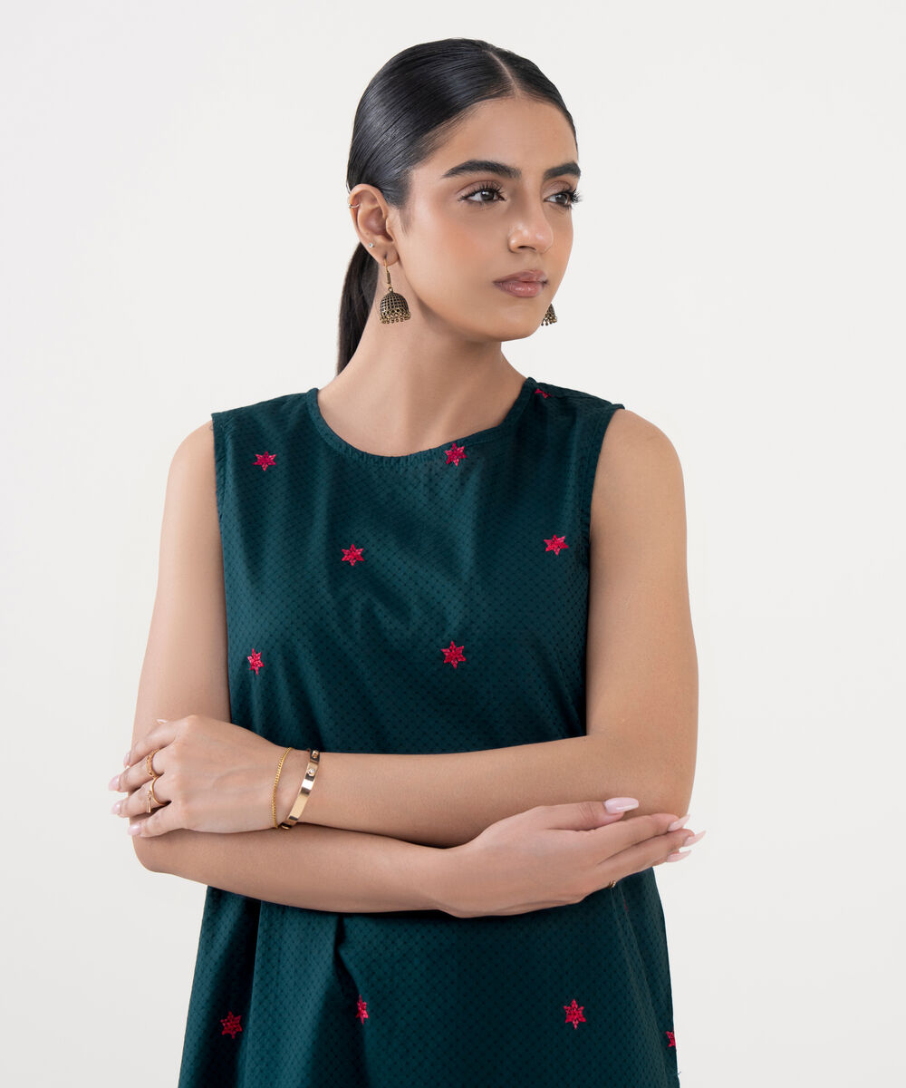 Women's RTW Textured Cotton Blue Embroidered Straight Shirt