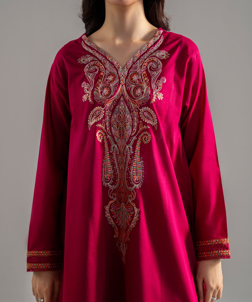 Women's RTW Lawn Solid Embroidered Maroon Flared A-Line