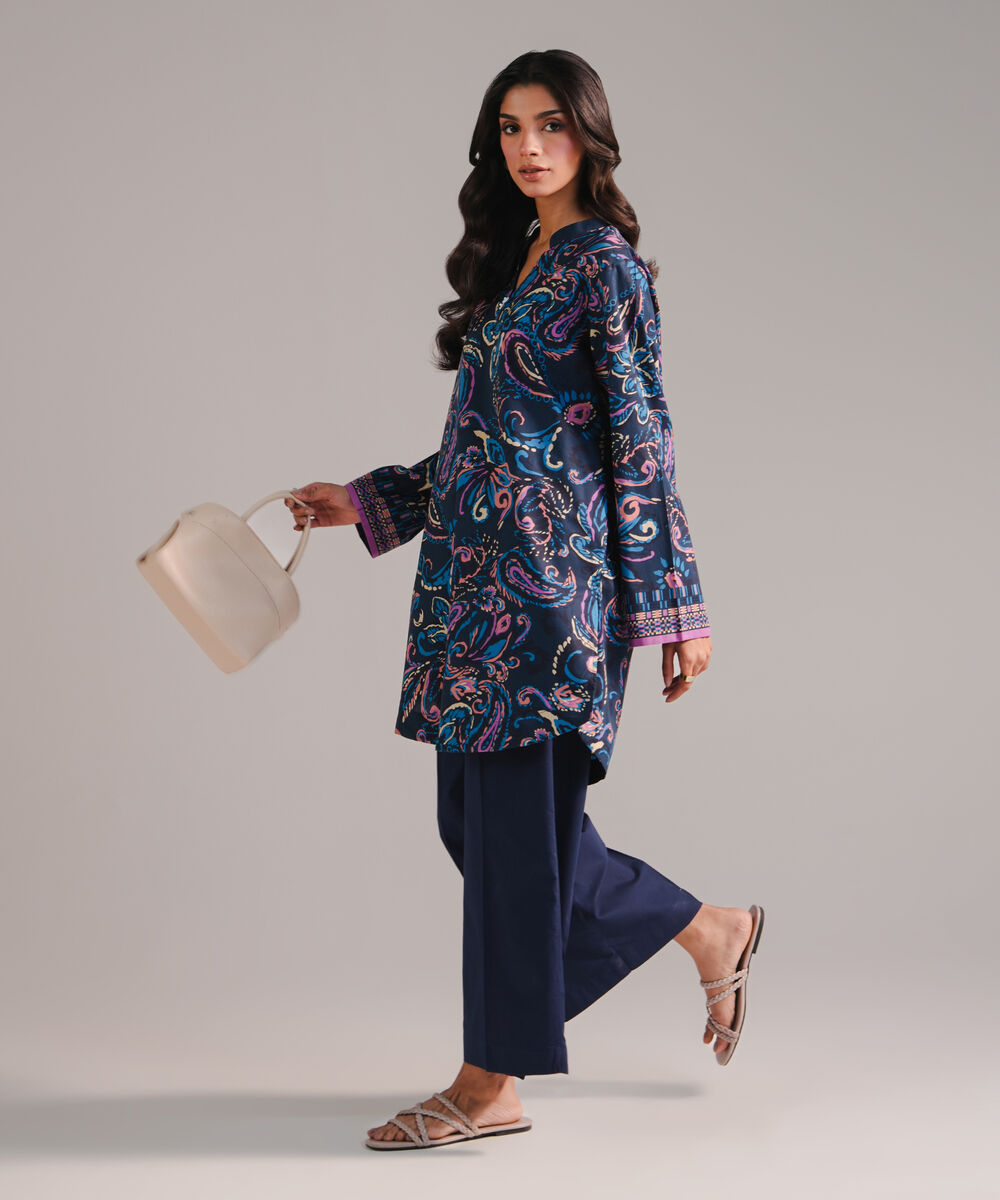 Women's RTW Cambric Printed Dark Blue 2 Piece Suit