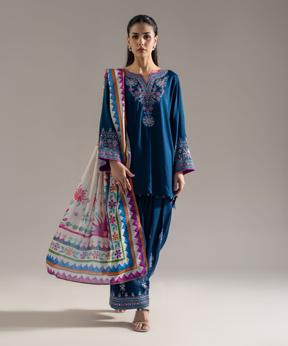 Women's RTW Solid Embroidered Blue Plain Silk 3 Piece Suit