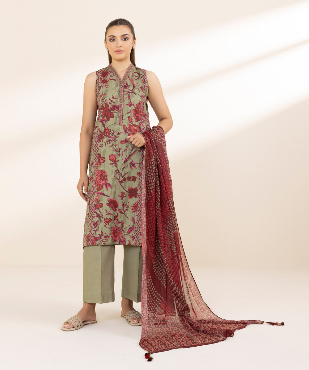 Unstitched Women's Printed Lawn Green Two Piece Suit