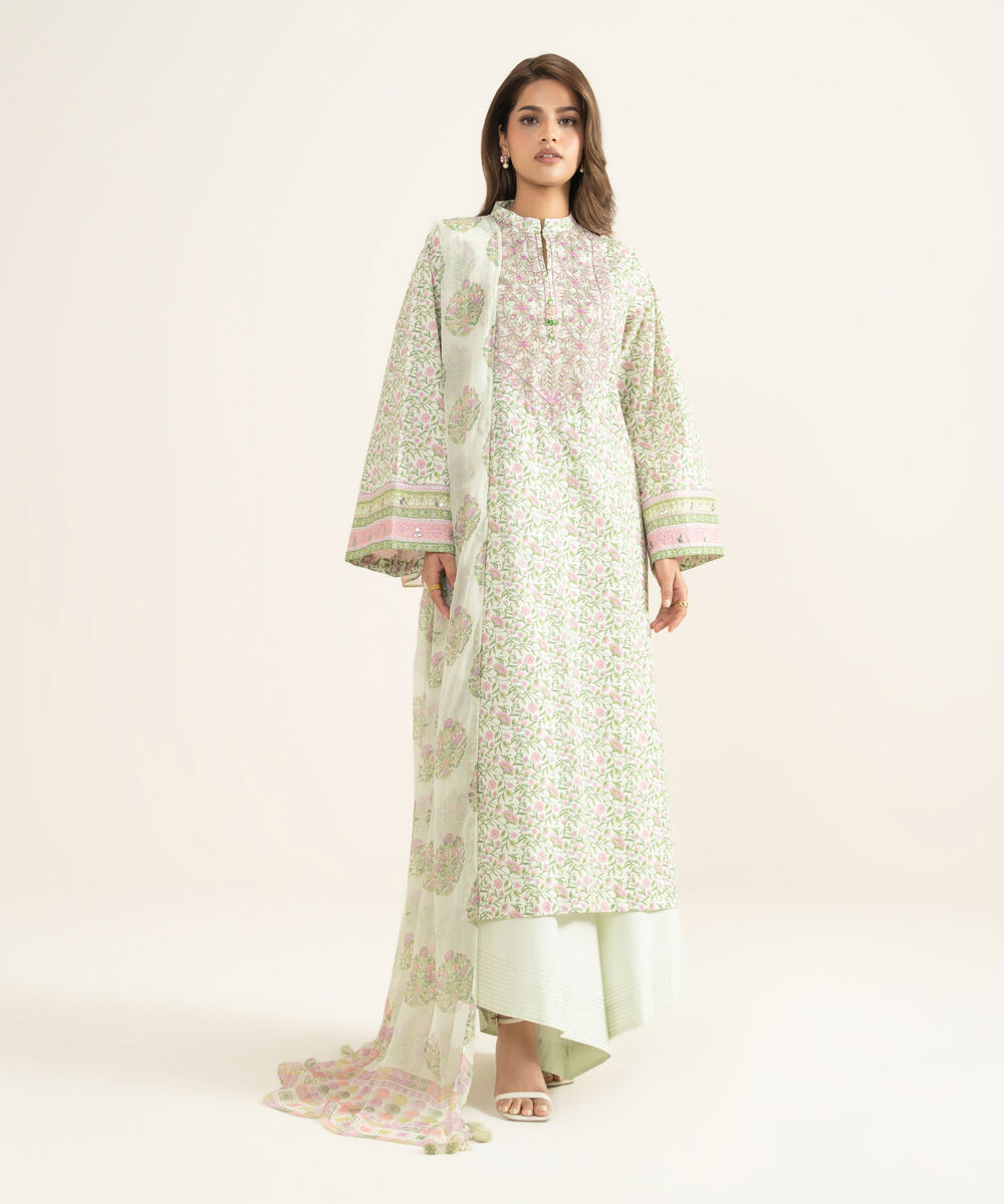 Women's Unstitched Lawn Embroidered Off White 3 Piece Suit