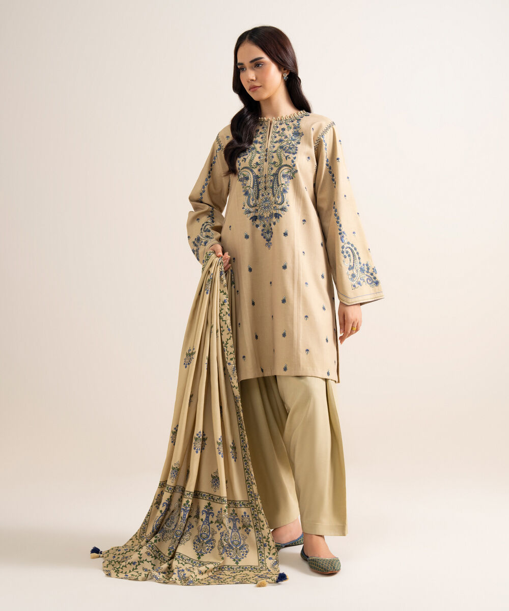 Women's Unstitched Embroidered Linen Offwhite 3 Piece Suit