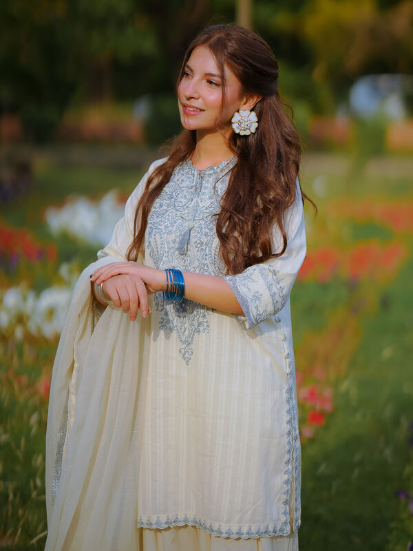 3 Piece - Embroidered Leno Kara Suit