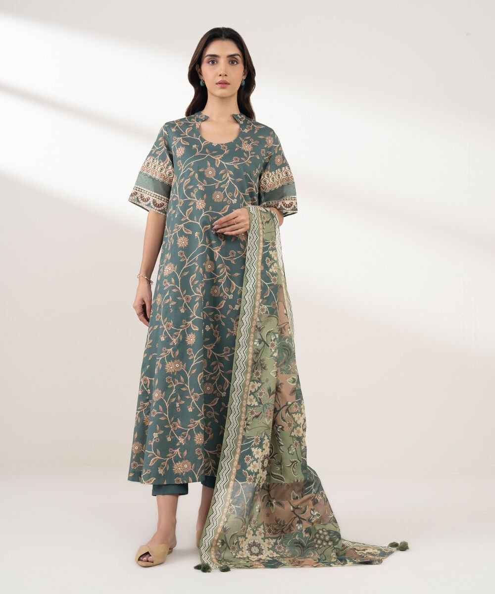 Women's Unstitched Lawn Printed Green 3 Piece Suit