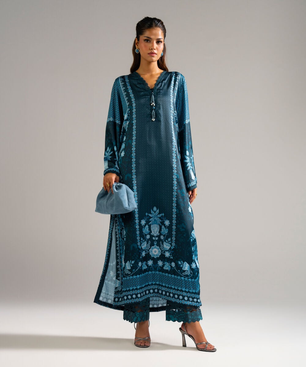 Women's RTW Blended Satin Printed Green 2 Piece Suit