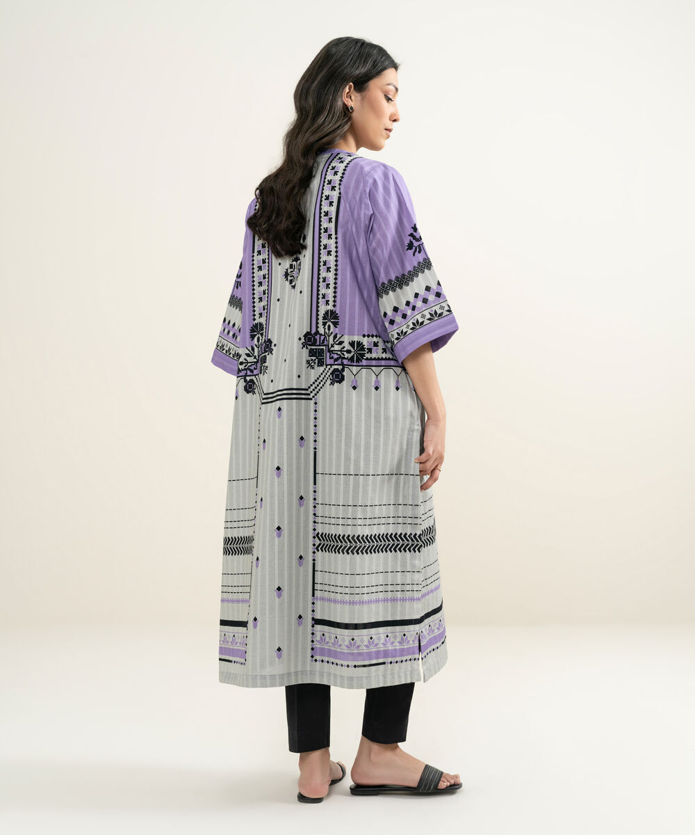 Women's RTW Textured Cotton Printed Grey A-Line Shirt