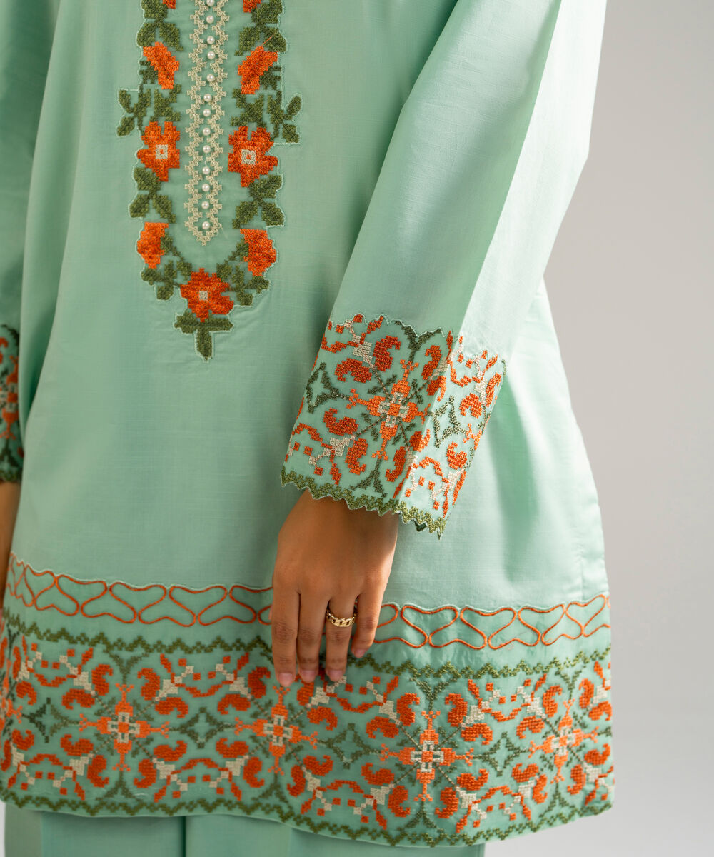 Women's RTW Slub Lawn Embroidered Green Straight Shirt