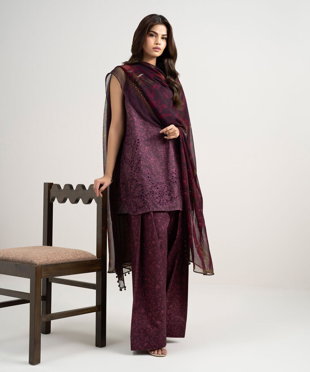 Women's Unstitched Lawn Embroidered Purple 3 Piece Suit