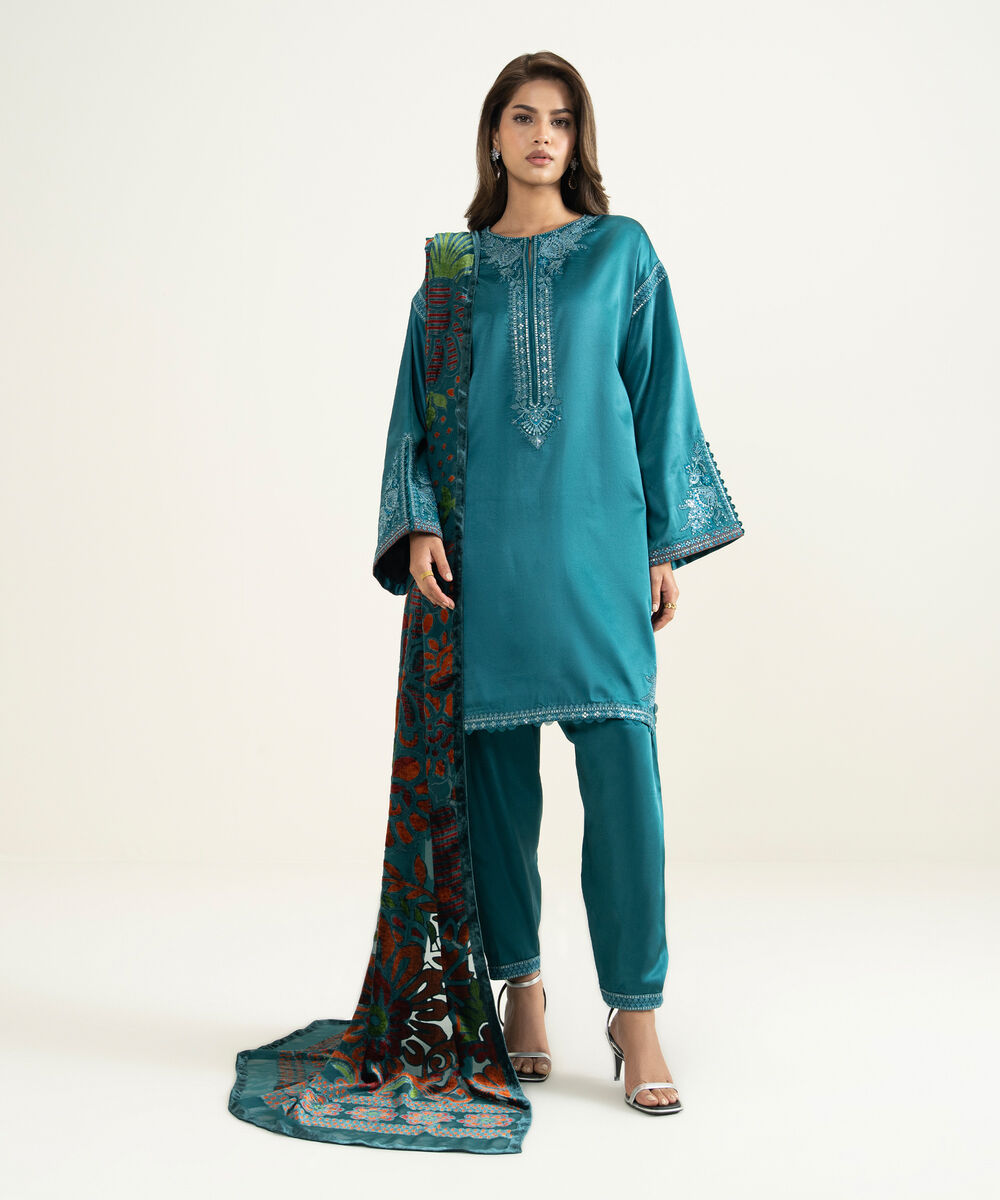 Women's Unstitched Blended Satin 3 Piece Suit