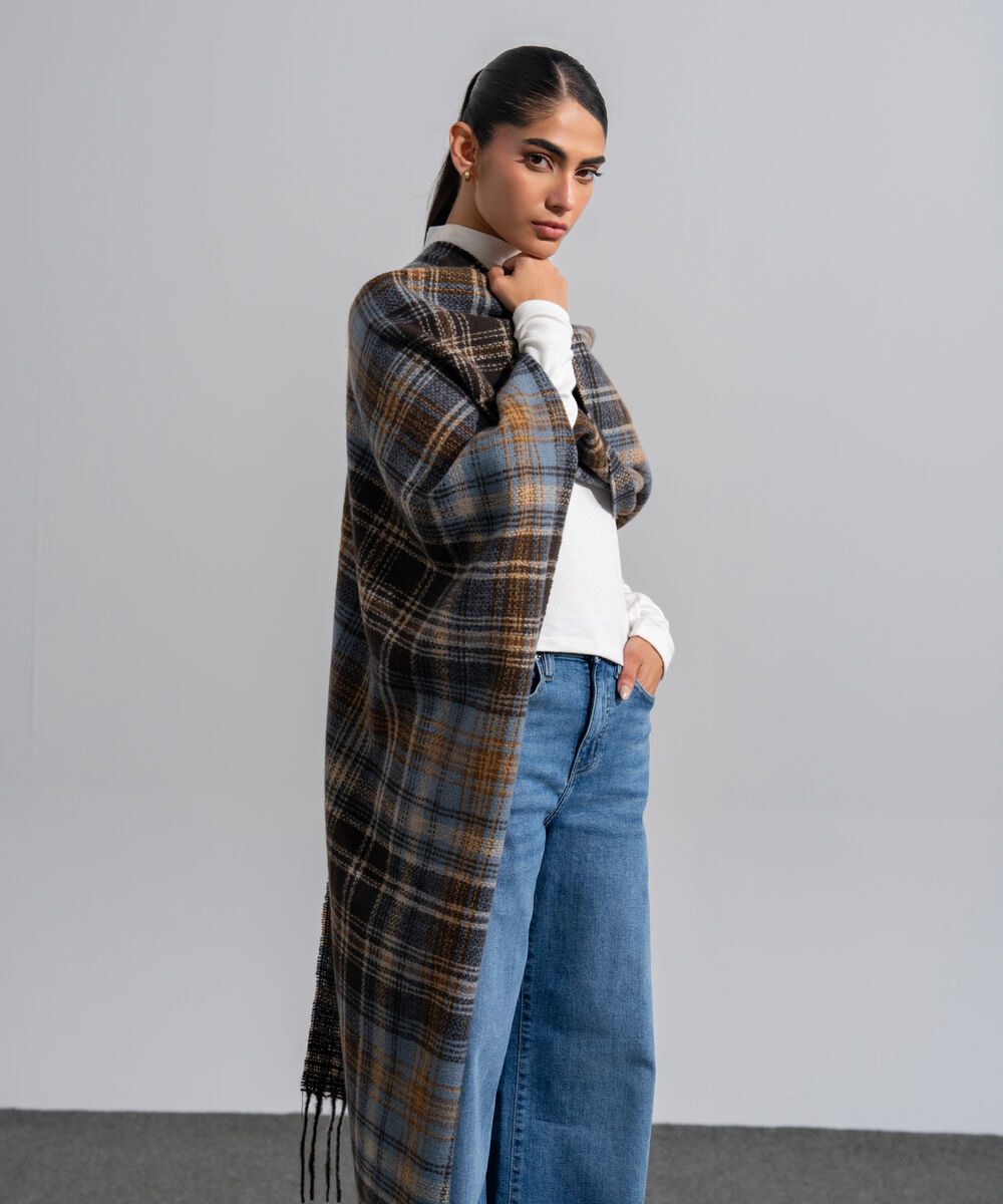 Women's Western Wear Black Polyester Checkered Woolen Scarf