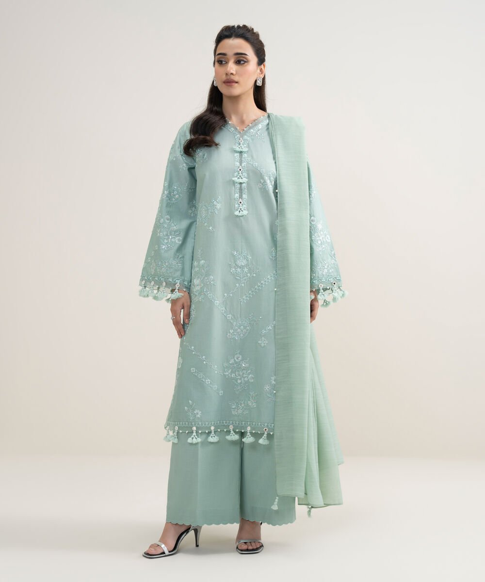 Women's Unstitched Textured Lawn Embroidered Green 3 Piece Suit