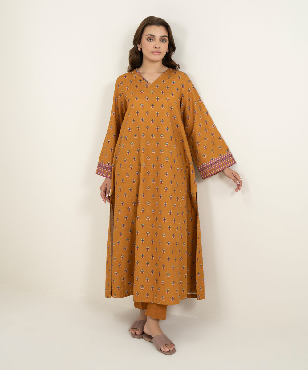 Women's Two Piece Orange Light Khaddar Printed Suit