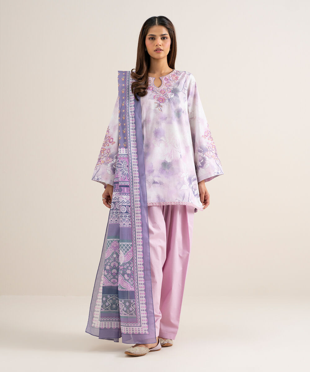 Women's Unstitched Lawn Embroidered Off White 3 Piece Suit
