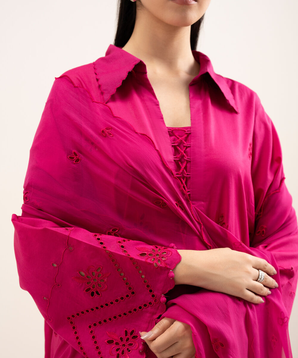 Women's Unstitched Textured Lawn Embroidered Pink 3 Piece Suit