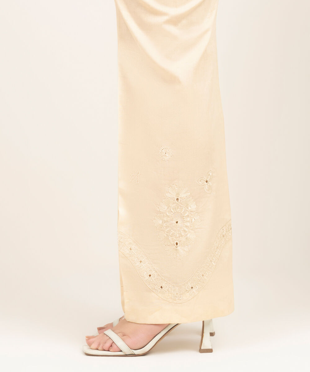 Women's RTW Self Jacquard Embroidered Off White Straight Pants