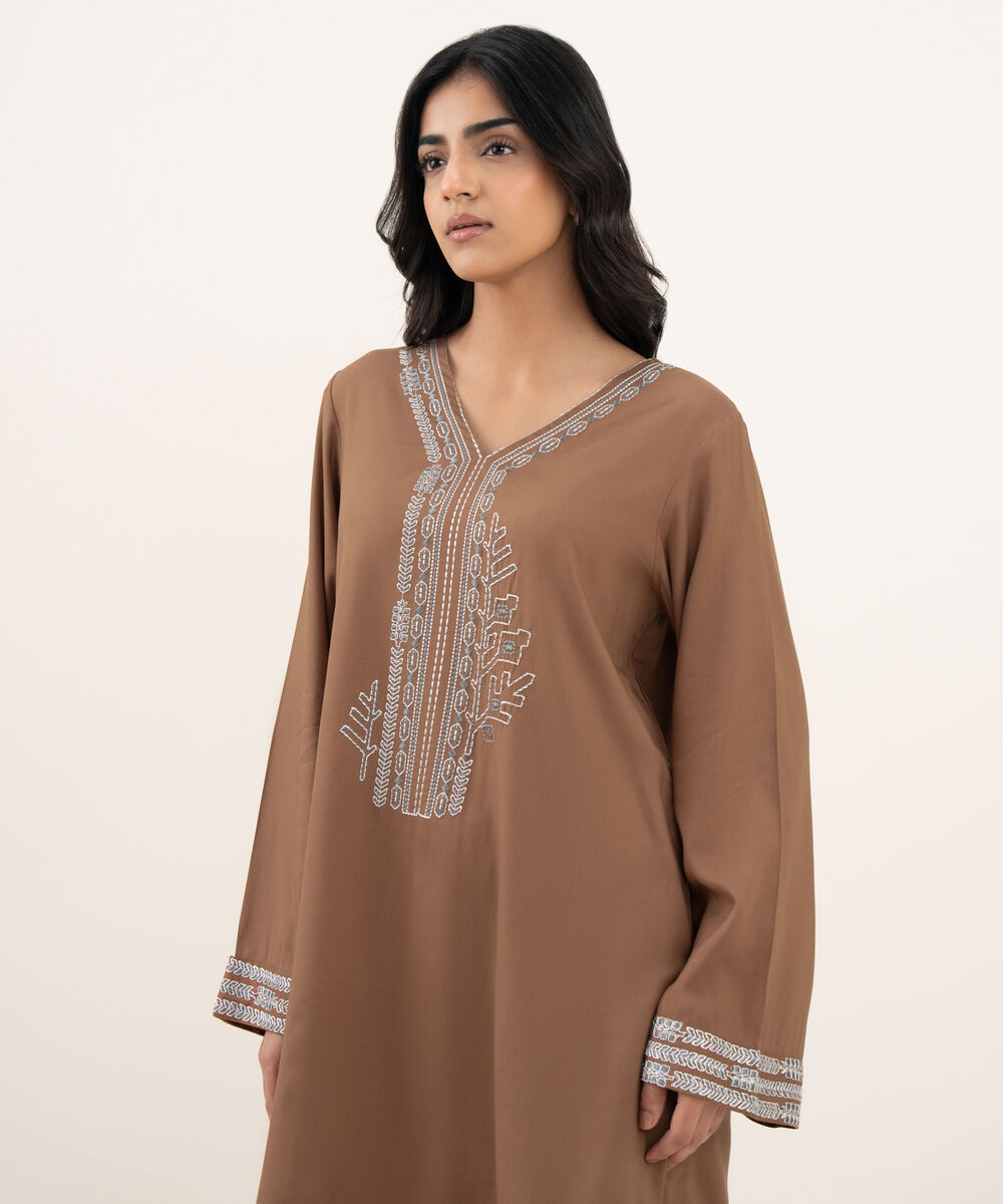 Women's RTW Khaddar Embroidered Straight Brown Shirt