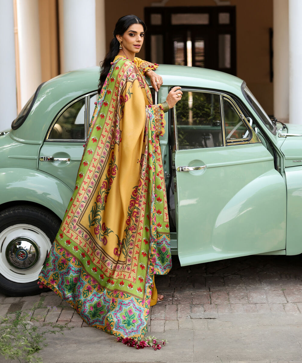 Women's Unstitched Textured Lawn Embroidered Yellow 3 Piece Suit