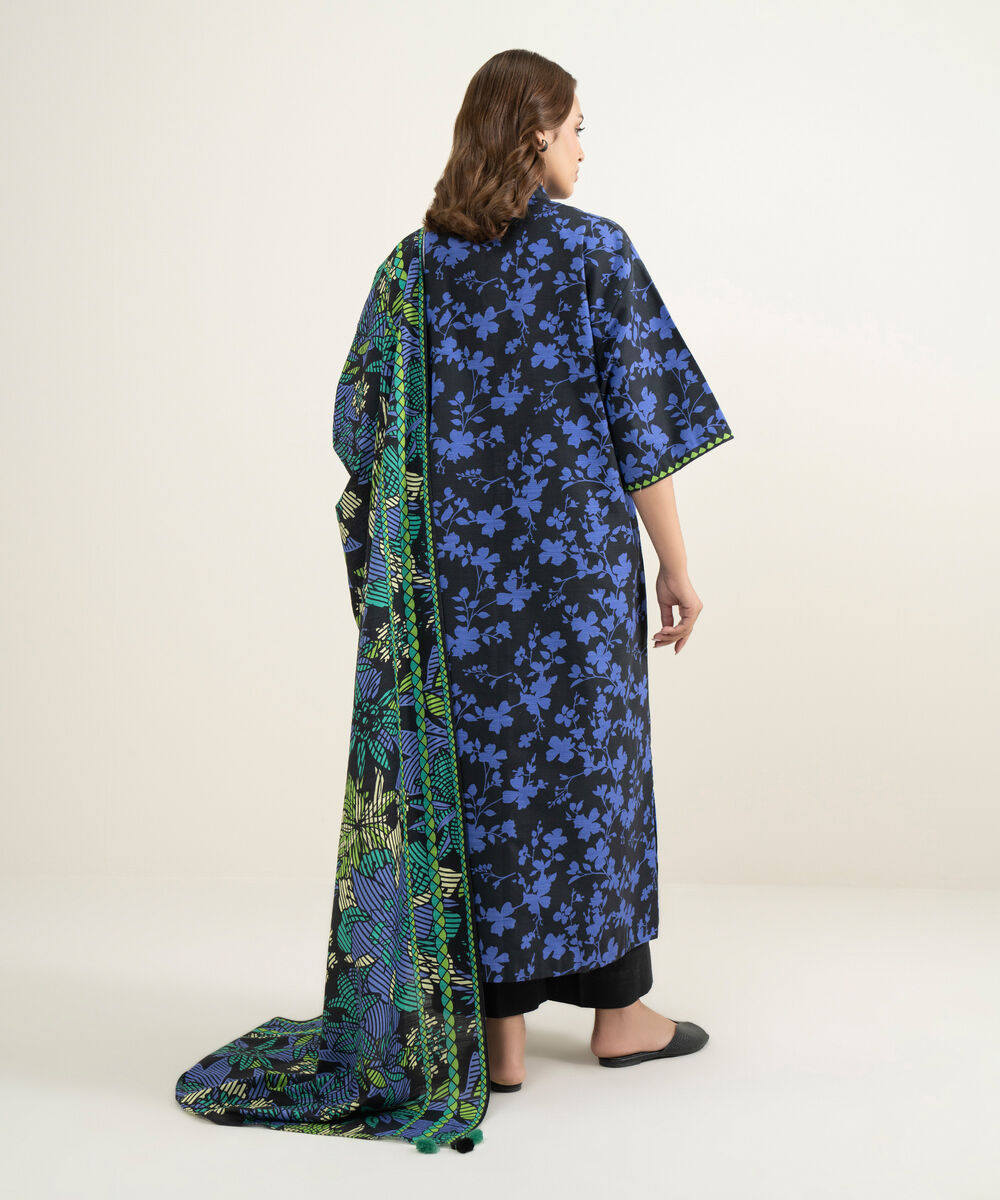 Women's Three Piece Blue and Black Khaddar Printed Suit