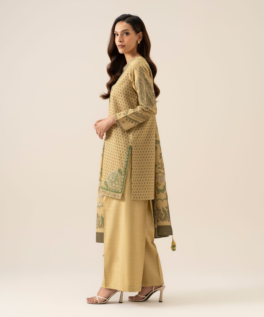 Women's Unstitched Cotton Embroidered Beige 3 Piece Suit