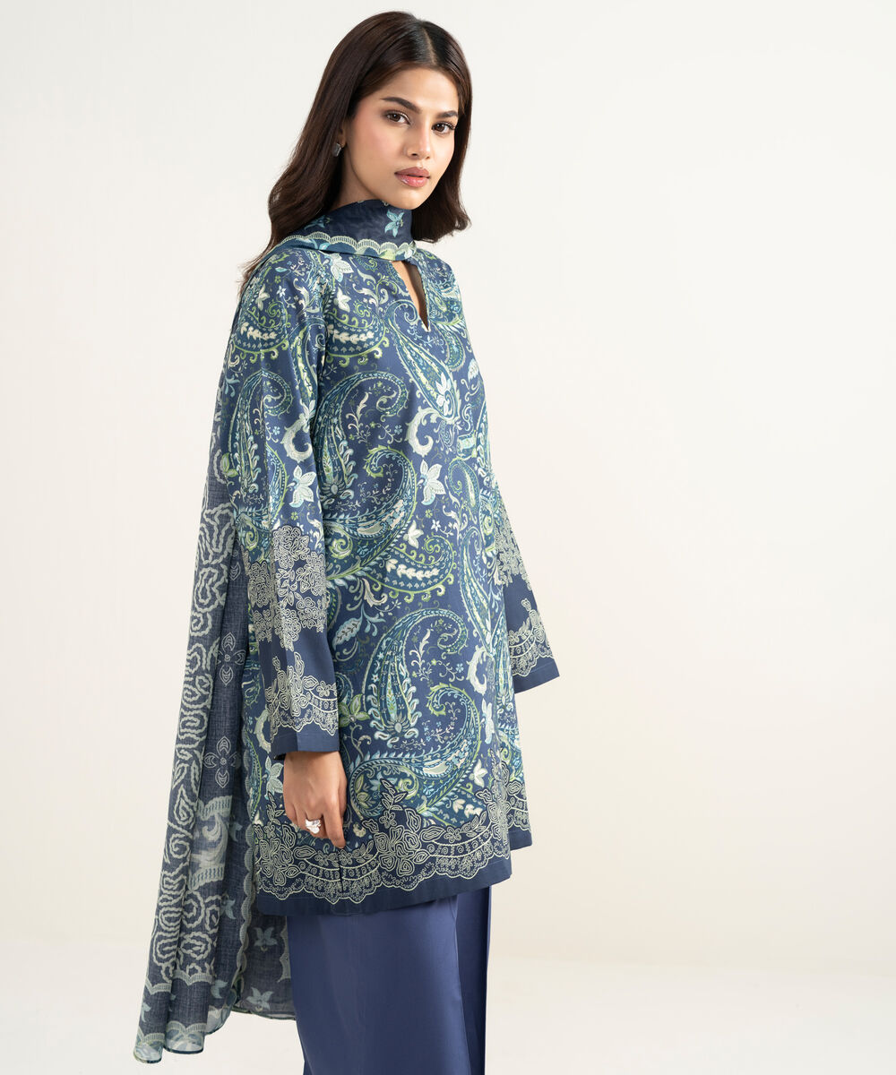 Women's RTW Cambric Printed Blue 3 Piece Suit