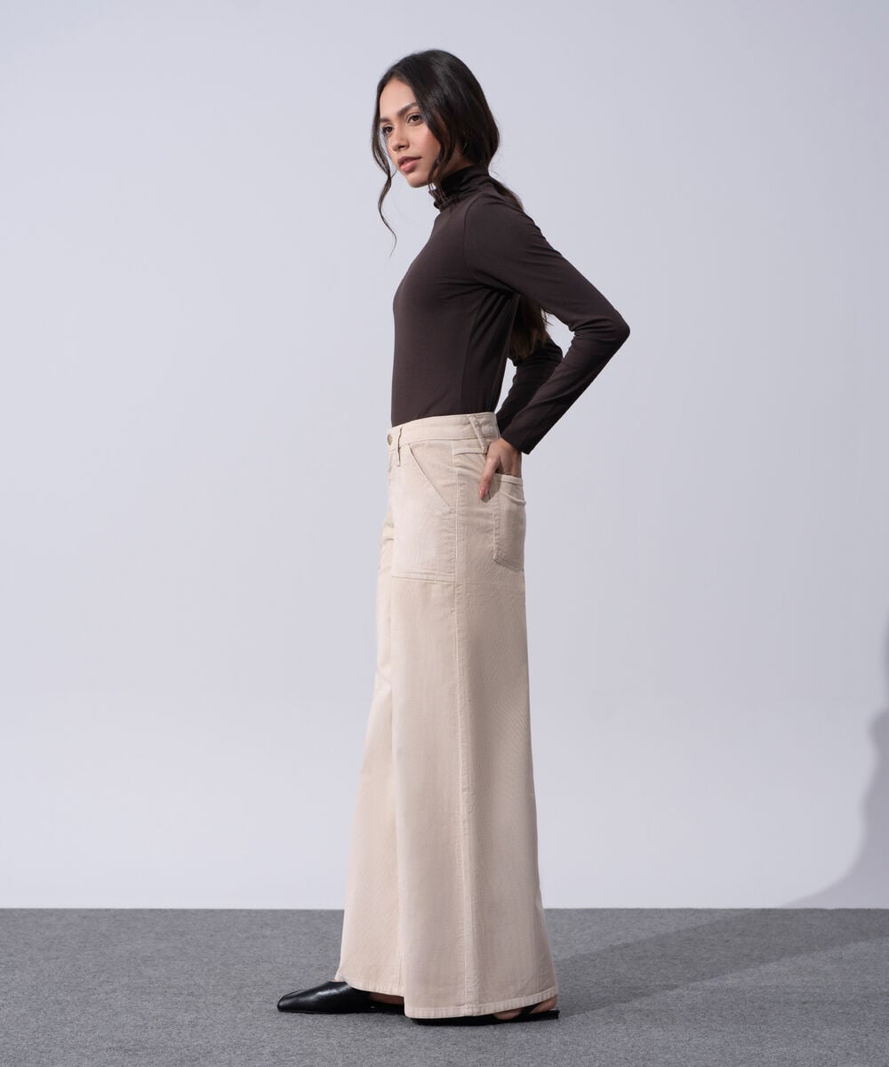 Women's Western Wear Ecru Cotton Corduroy Wide Leg Pants