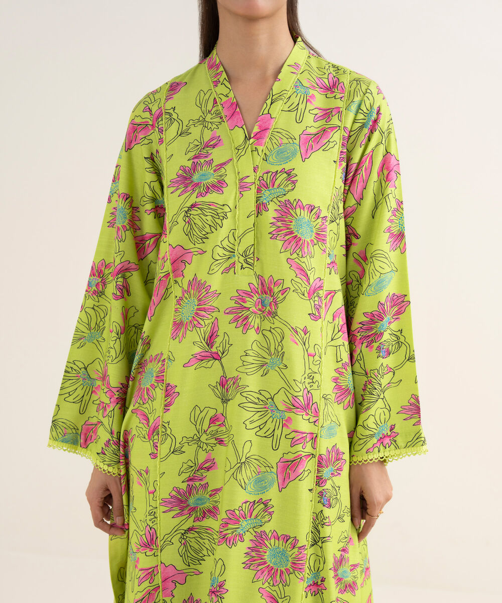 Women's RTW Herringbone Printed Green A-Line Shirt