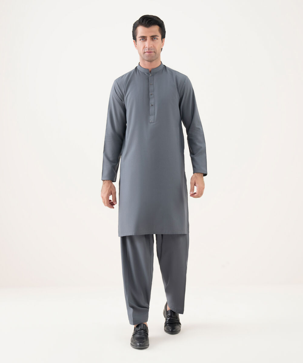 Men's 100% Cotton Embroidered Grey Kameez Shalwar
