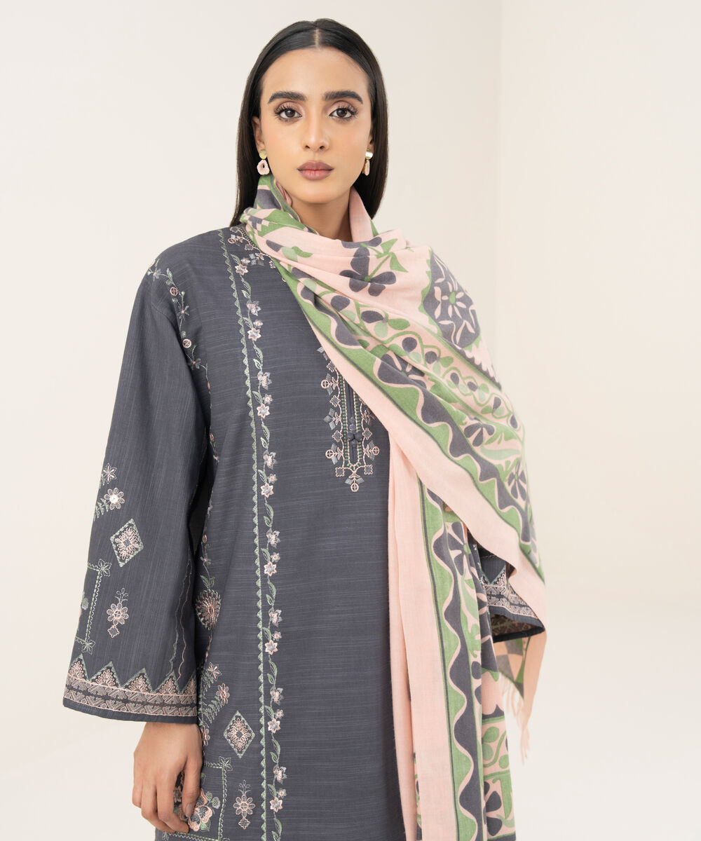 Women's Unstitched Embroidered Zari Khaddar Grey 3 Piece Suit