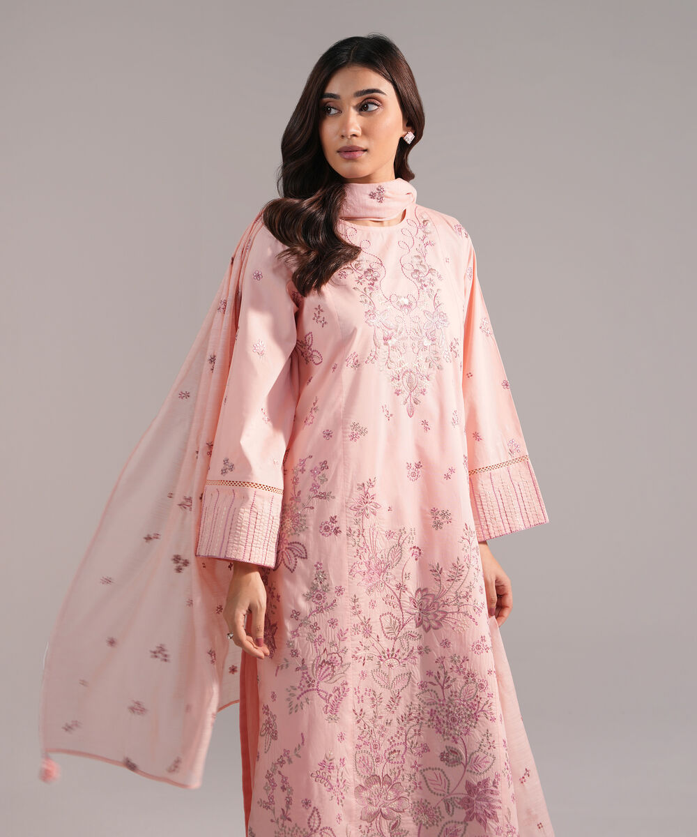 Women's RTW Cambric Embroidered Pink 3 Piece Suit