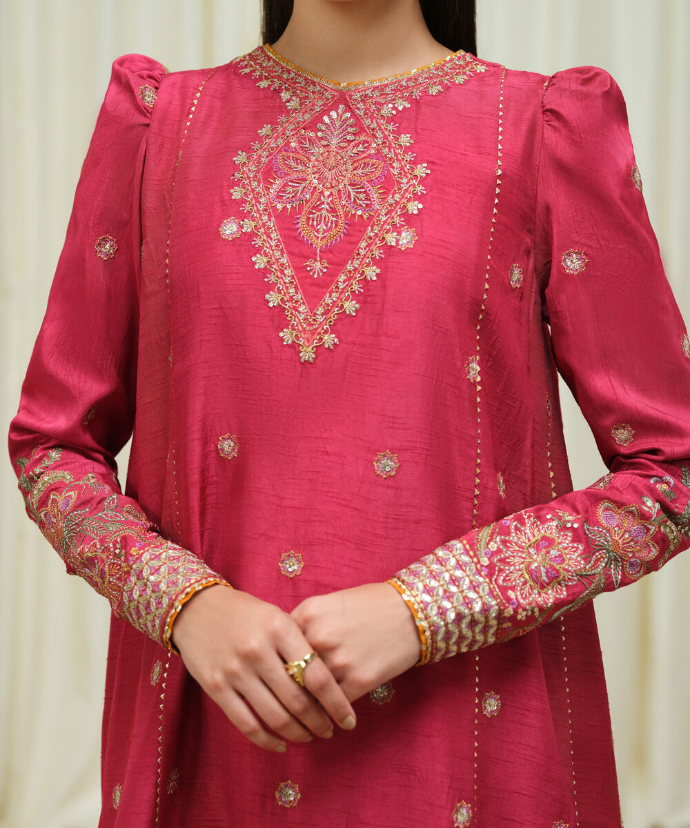Women's Unstitched Raw Silk Embroidered Red 3 Piece Suit