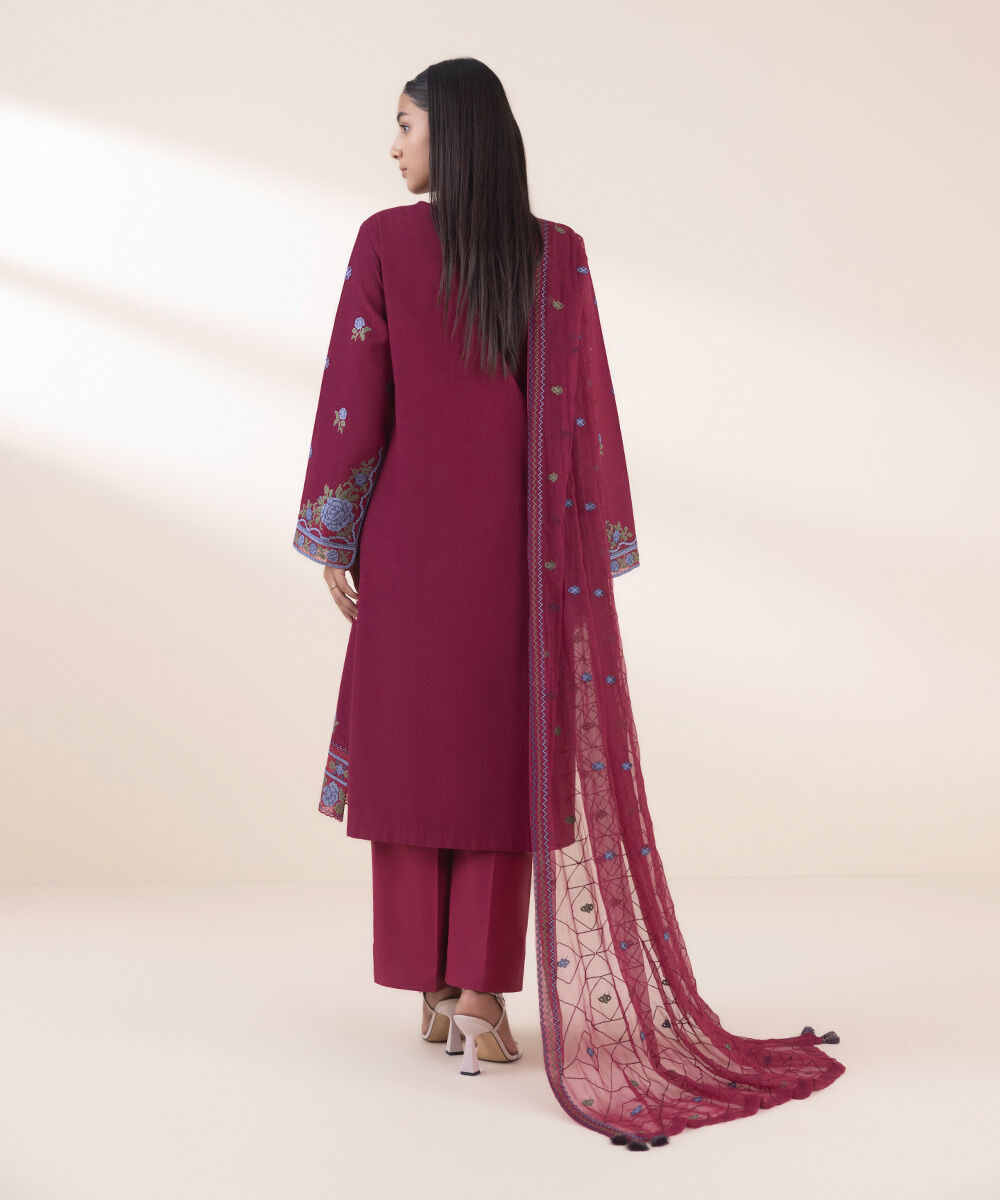 Women's Unstitched Red Dobby 3 Piece Suit