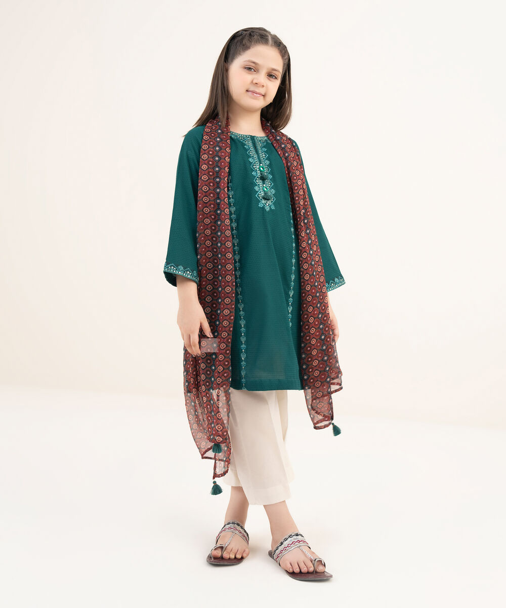 Girls Two Piece Embroidered Textured Lawn Shirt Dupatta