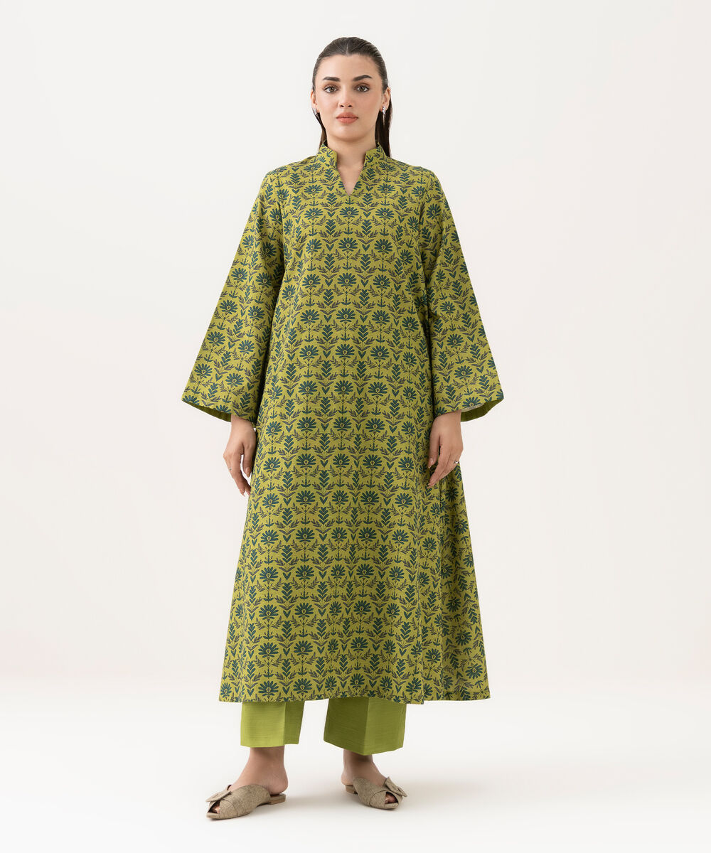 Women's Unstitched Cotton Printed Green 2 Piece Suit