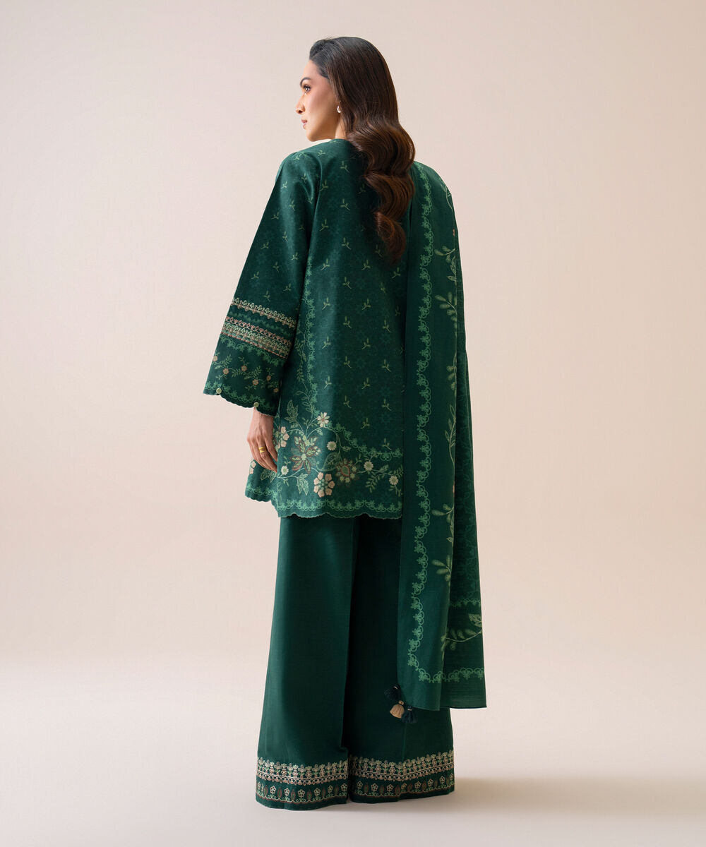 Women's Unstitched Light Khaddar Embroidered Green 3 Piece Suit