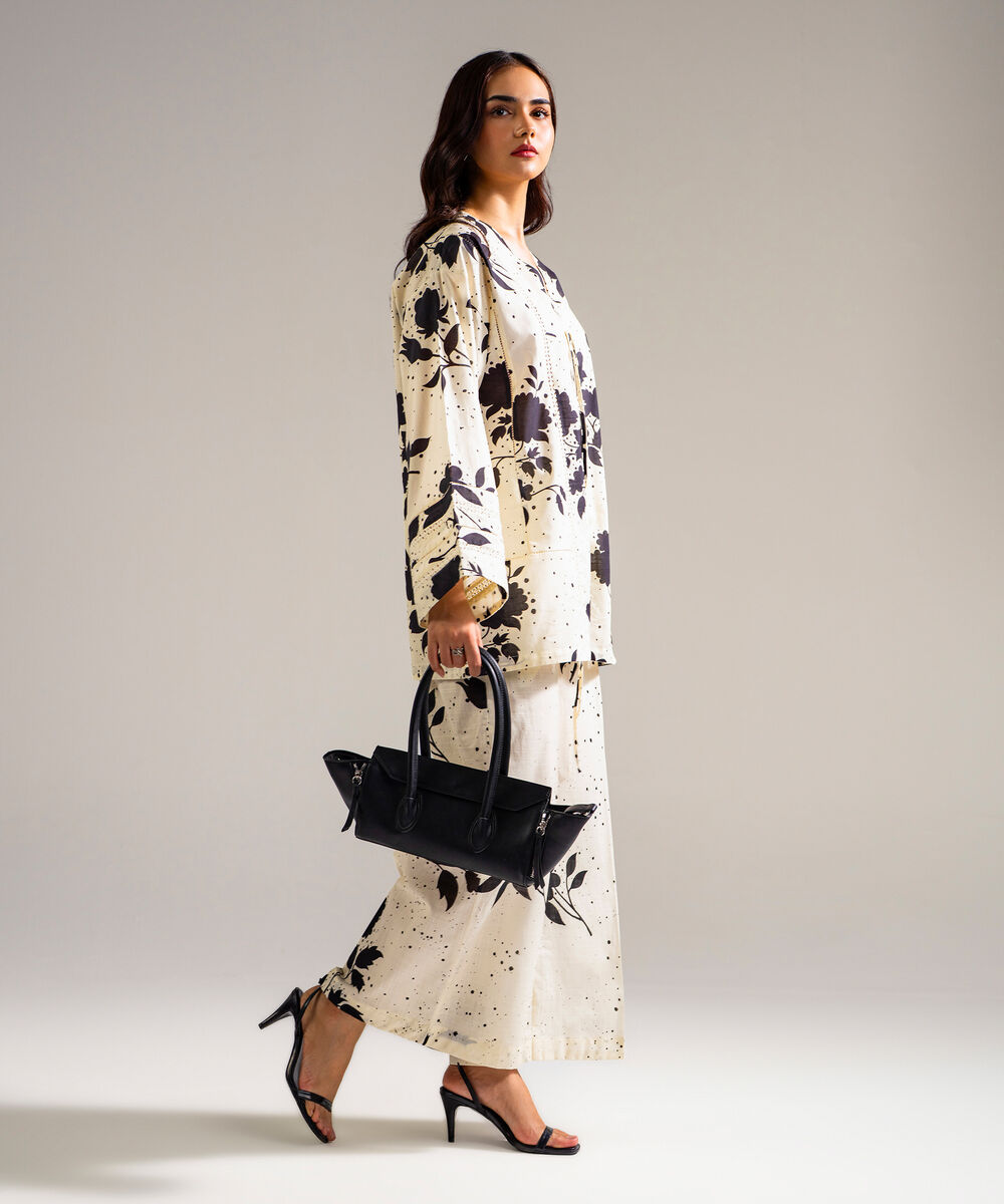 Women's RTW Slub Lawn Printed White Drop Shoulder Shirt
