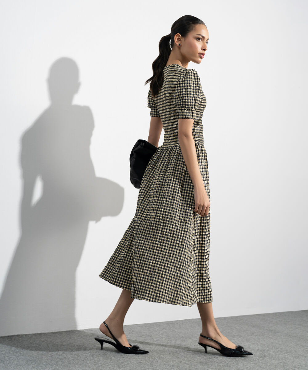 Women's Western Black And Yellow Smocked Seersucker Gingham Dress