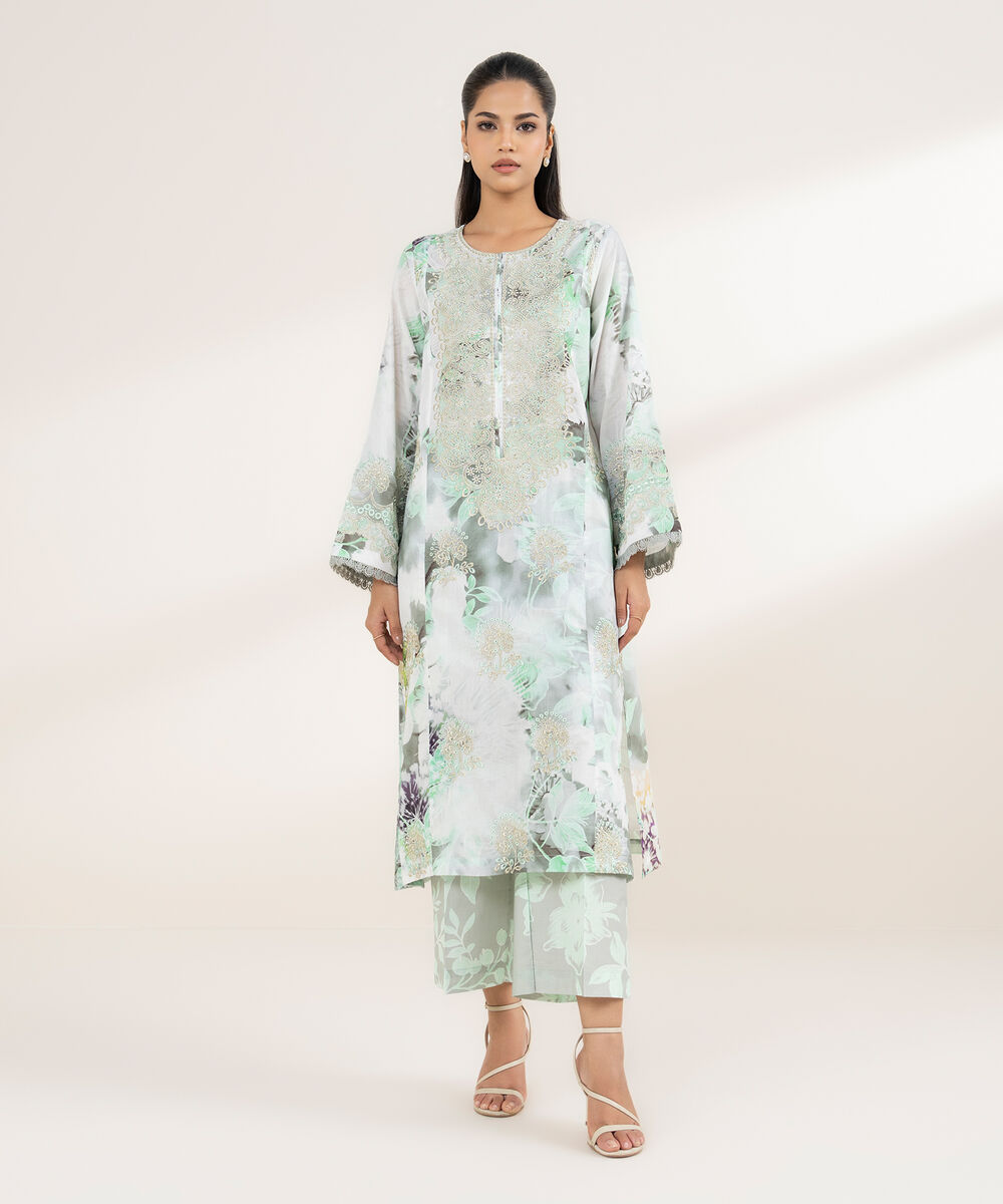 Women's RTW Lawn Green Embroidered A-Line Shirt