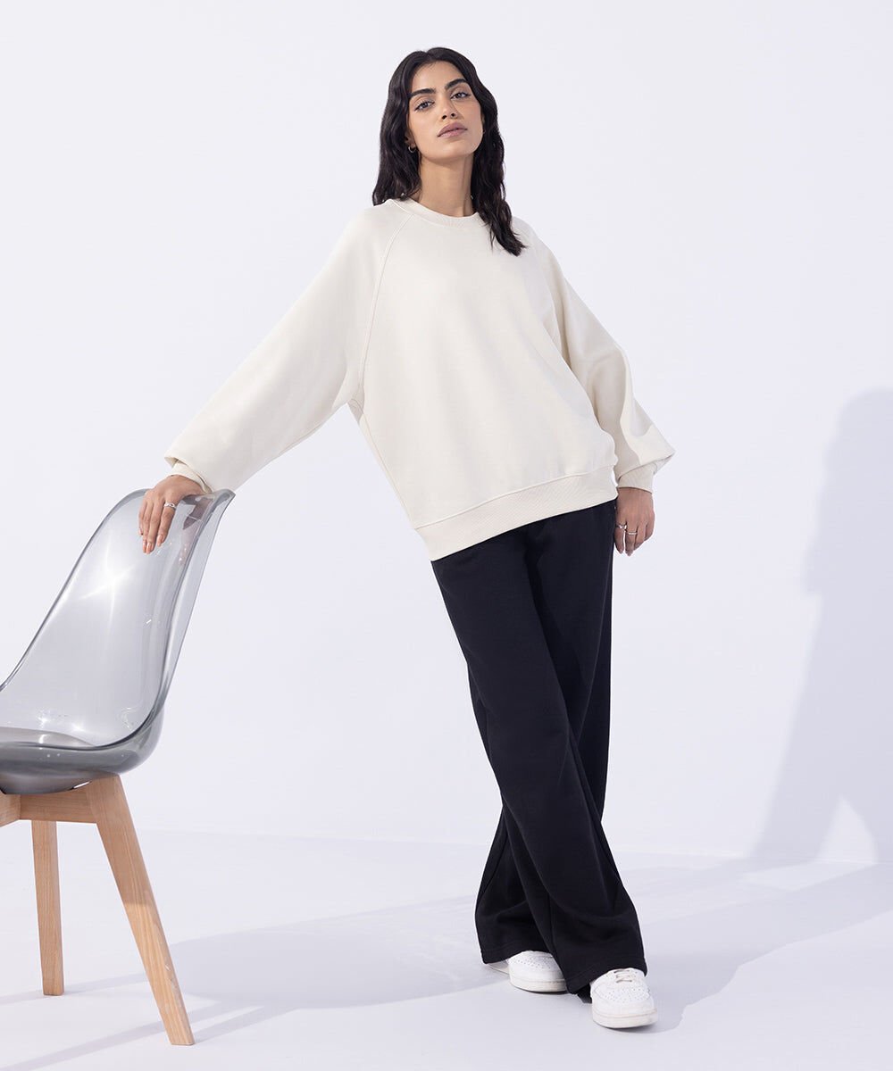 Fleece Sweatshirt with Raglan Sleeves Woman - Off White Fleece Sweatshirt with Raglan Sleeves