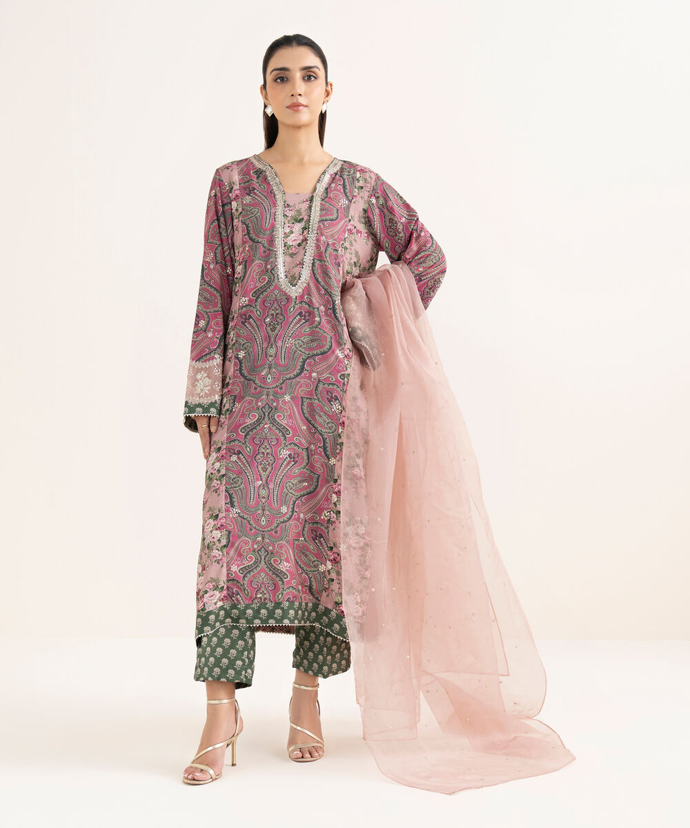 Women's RTW Textured Viscose Embroidered Pink 3 Piece Suit