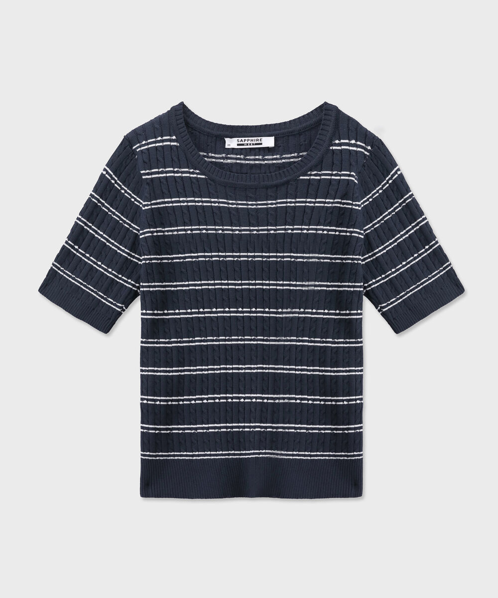 Women's Western Wear Blue Short Sleeve Striped Sweater