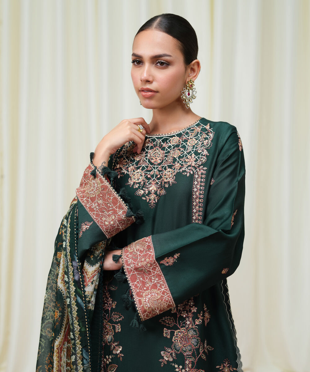Women's Unstitched Fine Cotton Satin Embroidered Green 3 Piece Suit