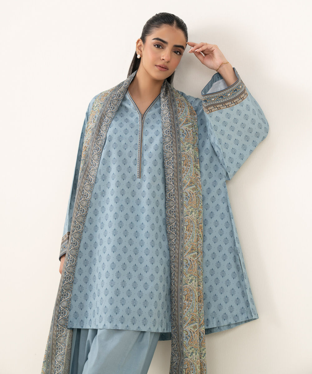 Women's Unstitched Cotton Printed Blue Three Piece Suit