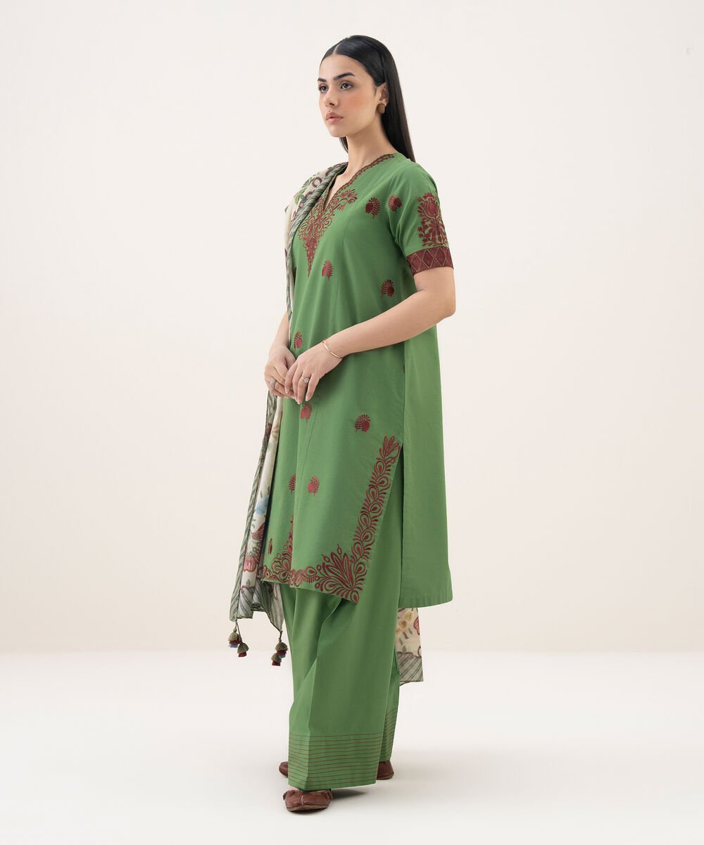 Women's Unstitched Cotton Embroidered Green 3 Piece Suit