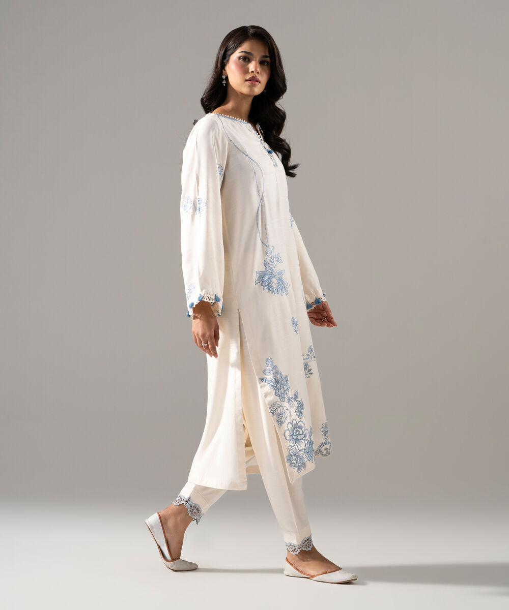 Women's RTW Raw Silk Solid Embroidered White 2 Piece Suit