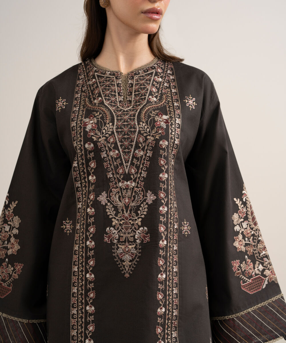 Women's Unstitched Textured Lawn Embroidered Brown 3 Piece Suit