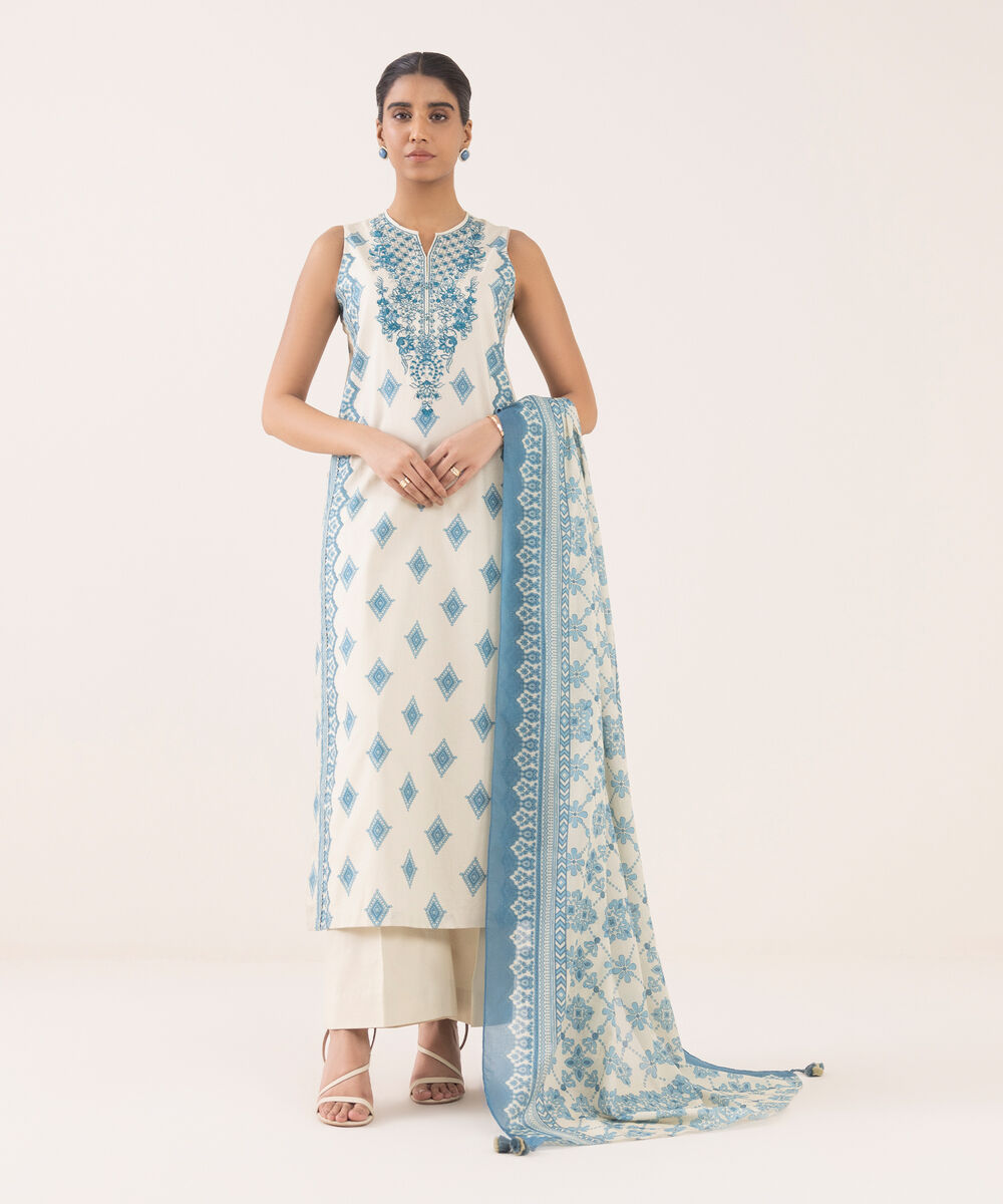 Women's Unstitched Lawn Embroidered Blue 3 Piece Suit