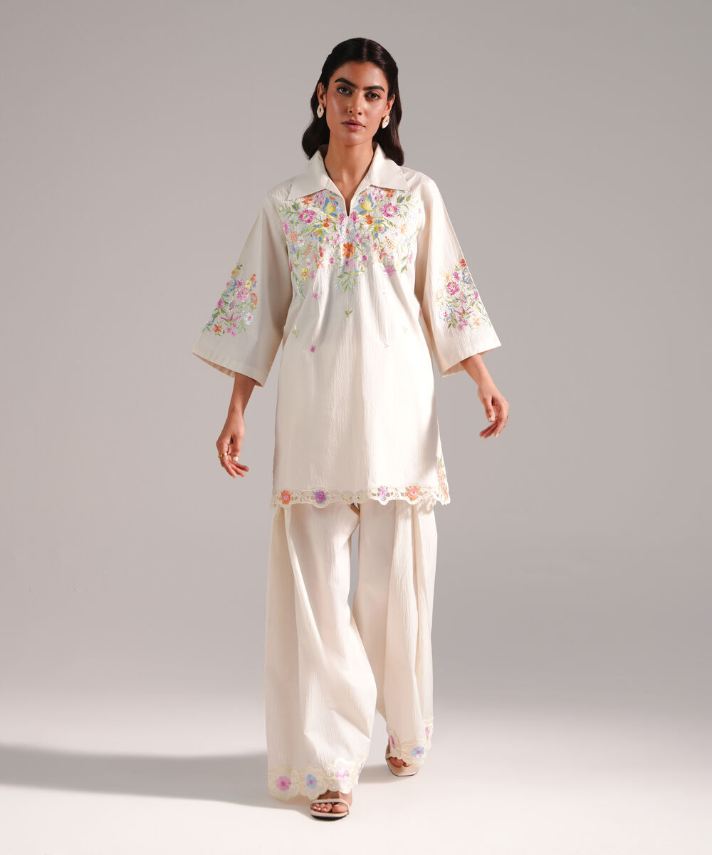 Women's RTW Seersucker Embroidered Off White Straight Shirt